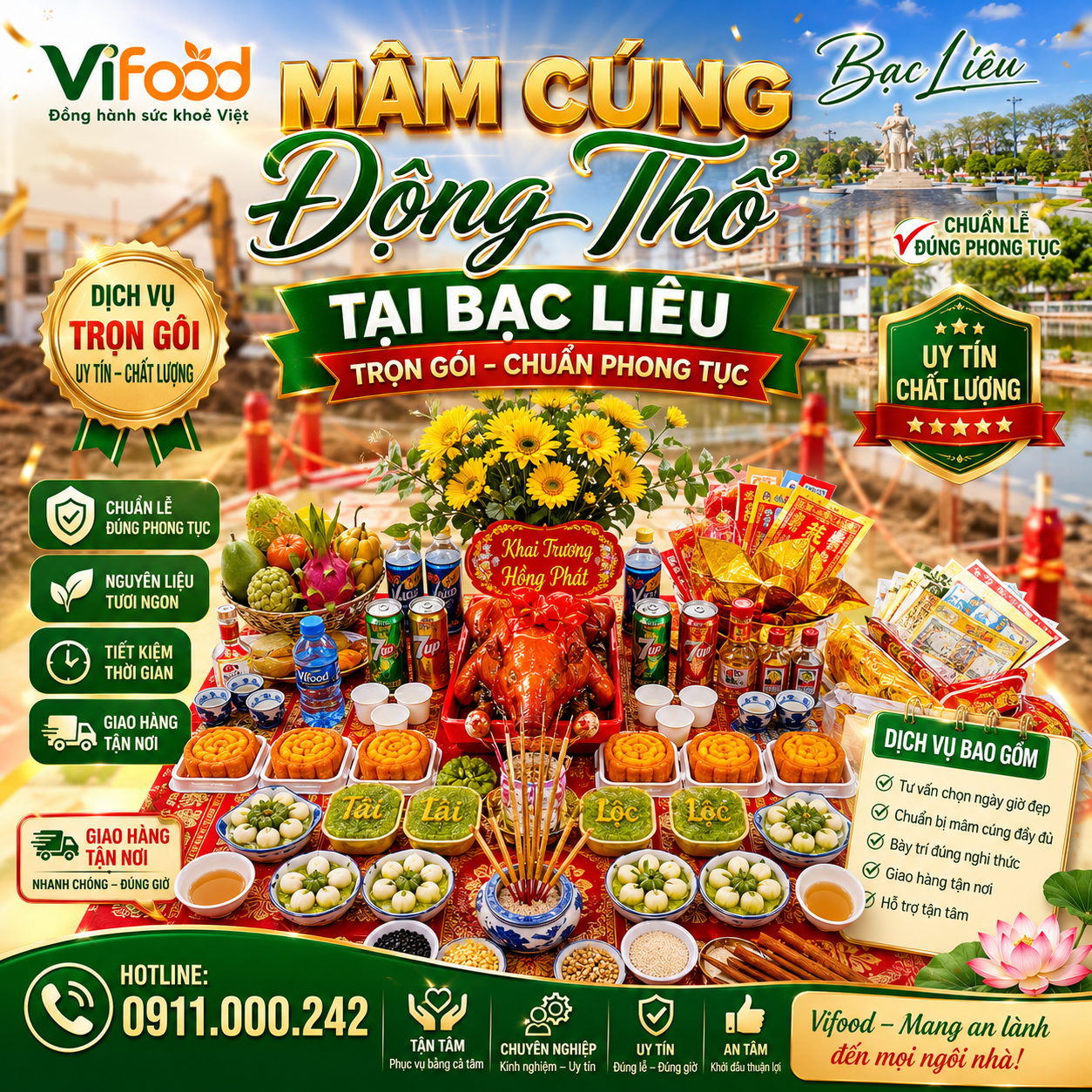 Mâm Cúng Động Thổ Chất Lượng - Giao Đúng Giờ, Đúng Lễ Tại Bạc Liêu
